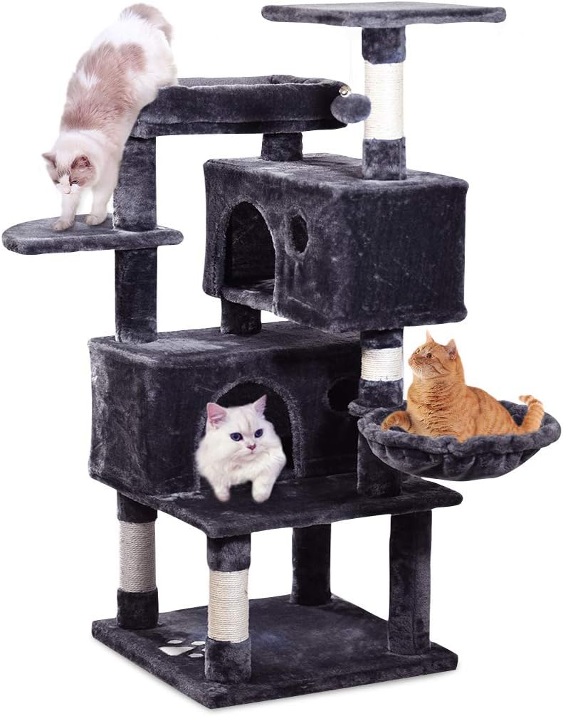 JISSBON Torre de árbol para gatos de 124 cm, poste rascador para gatos con condominios, hamaca y perchas de felpa para gatitos, gatos grandes, gris