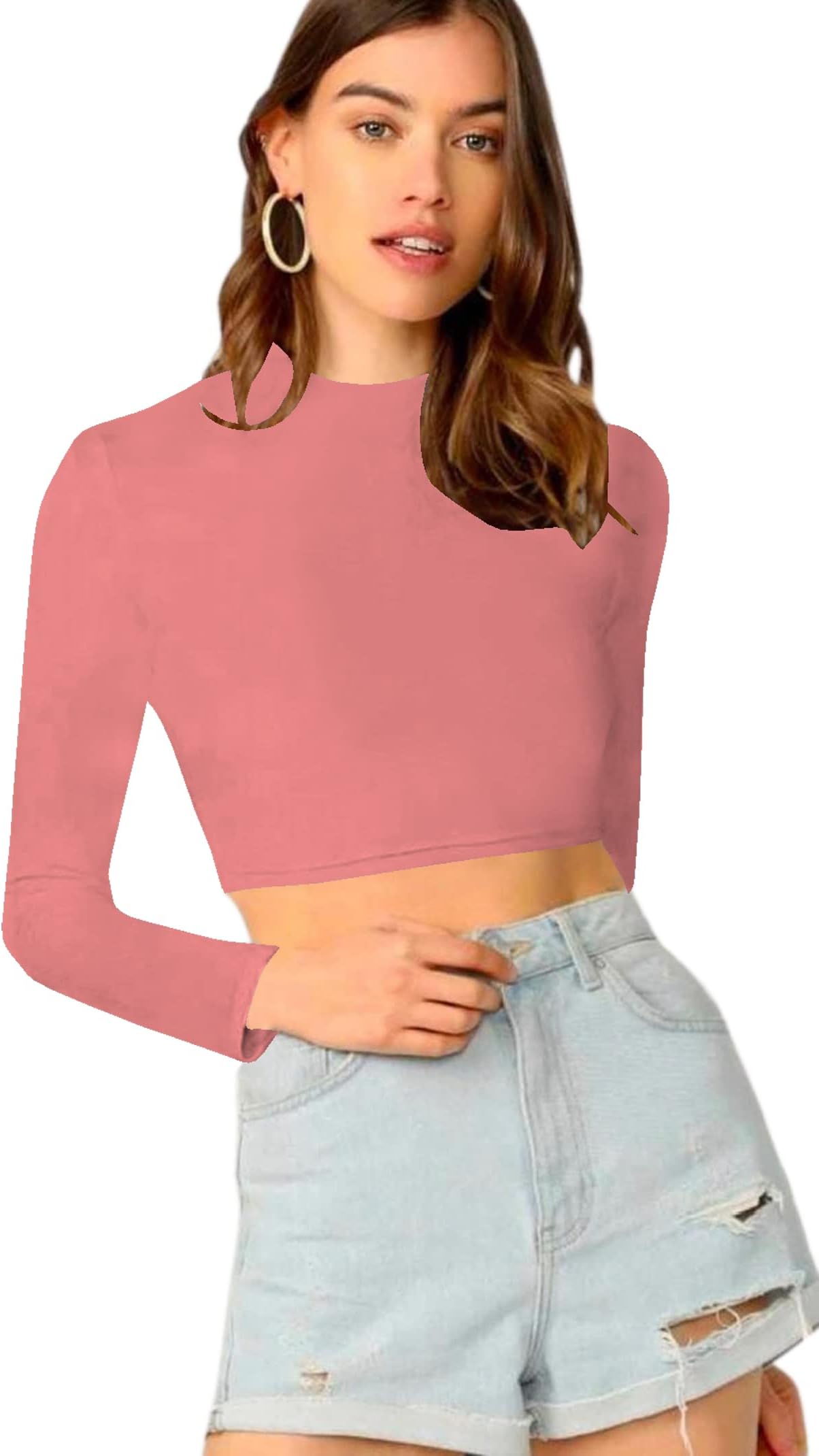 Dream Beauty Fashion Women's Round High Neck Full Sleeves Stylish Crop Top Polyester Blend Tshirt (16" Inches)