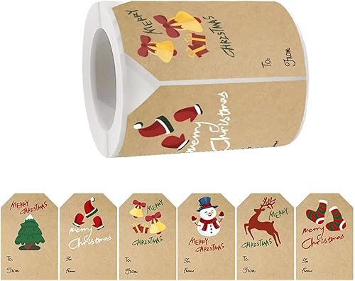 250 etiquetas de regalo de Navidad, etiquetas autoadhesivas, etiquetas de papel kraft natural en hojas, 6 diseños surtidos de temas navideños y 2