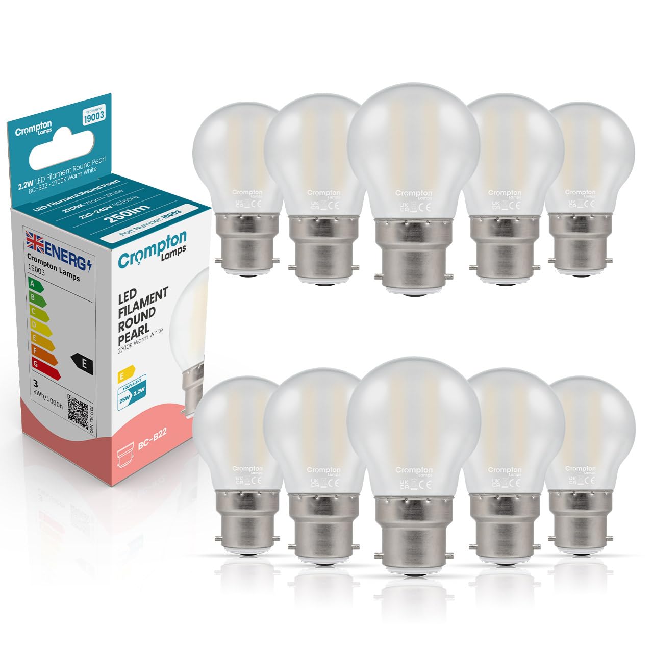 Crompton Lamps Filament Golfball LED Light Bulb BC-B22d | 2.2W = 25W Equivalent | Warm White 2700K | Energy Efficient | Bayonet Lightbulb | Long Life 15,000-Hrs | Pearl Glass | 10-Pack