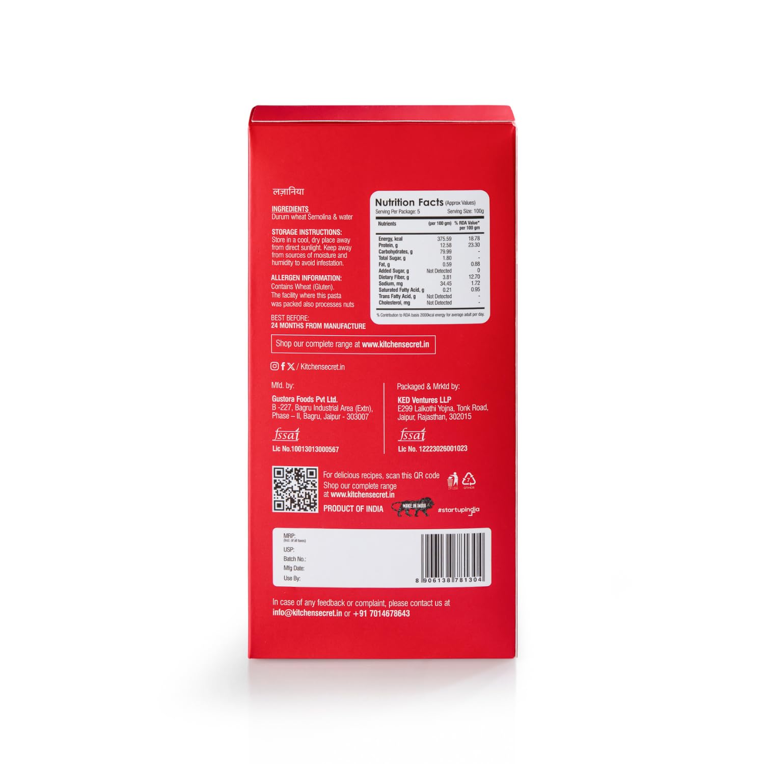 Kitchen Secret Lasagne Pasta/Sheets 500gm - 100% Durum Wheat Semolina, Fresh Pasta with High Protein & Fiber, 100% Eggless, No Maida & No Preservatives, Easy To Cook Tasty Italian Dish Anytime - Image 2 thumbnail