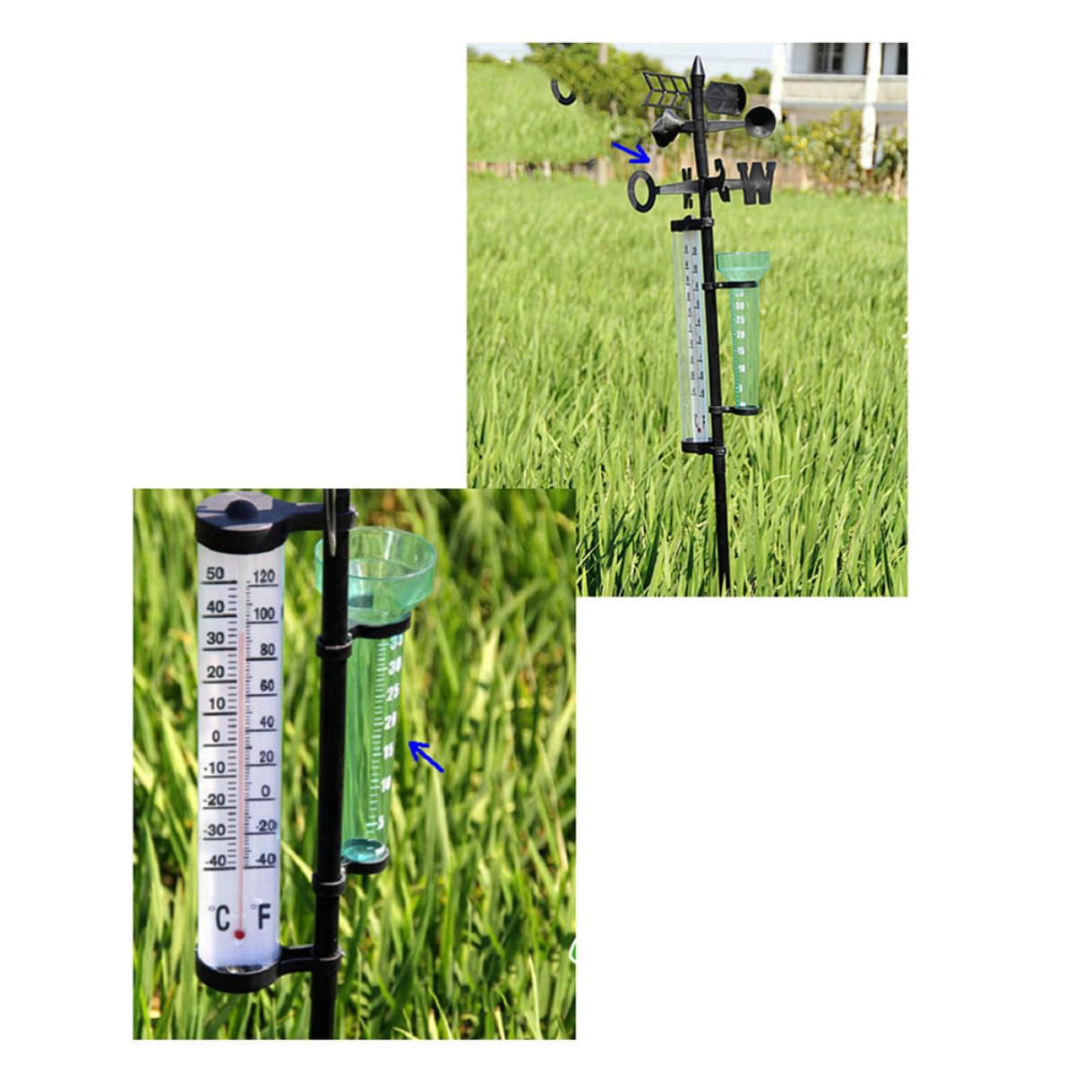 Didiseaon 2 Juegos Termómetro Exterior y Medidor de Dirección del Viento, Pluviómetro, Instrumento Meteorológico de Plástico, para Plantación Agrícola y Decoración de Jardín