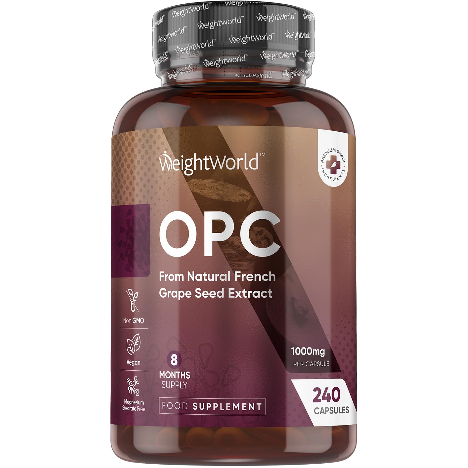 WeightWorld Grape Seed Extract Capsules 1000mg | 240 Capsules | 8 Months Supply | 95% OPC (Oligomeric Proanthocyanidins) | Vegan Polyphenols Supplement | for Men & Women | 1 Capsule per Day
