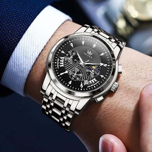 Miniatura 2 de OLEVS Reloj de lujo para hombre, resistente al agua, luminoso, fácil de leer, cronógrafo, dorado, blanco, diario, negro, con calendario, reloj de