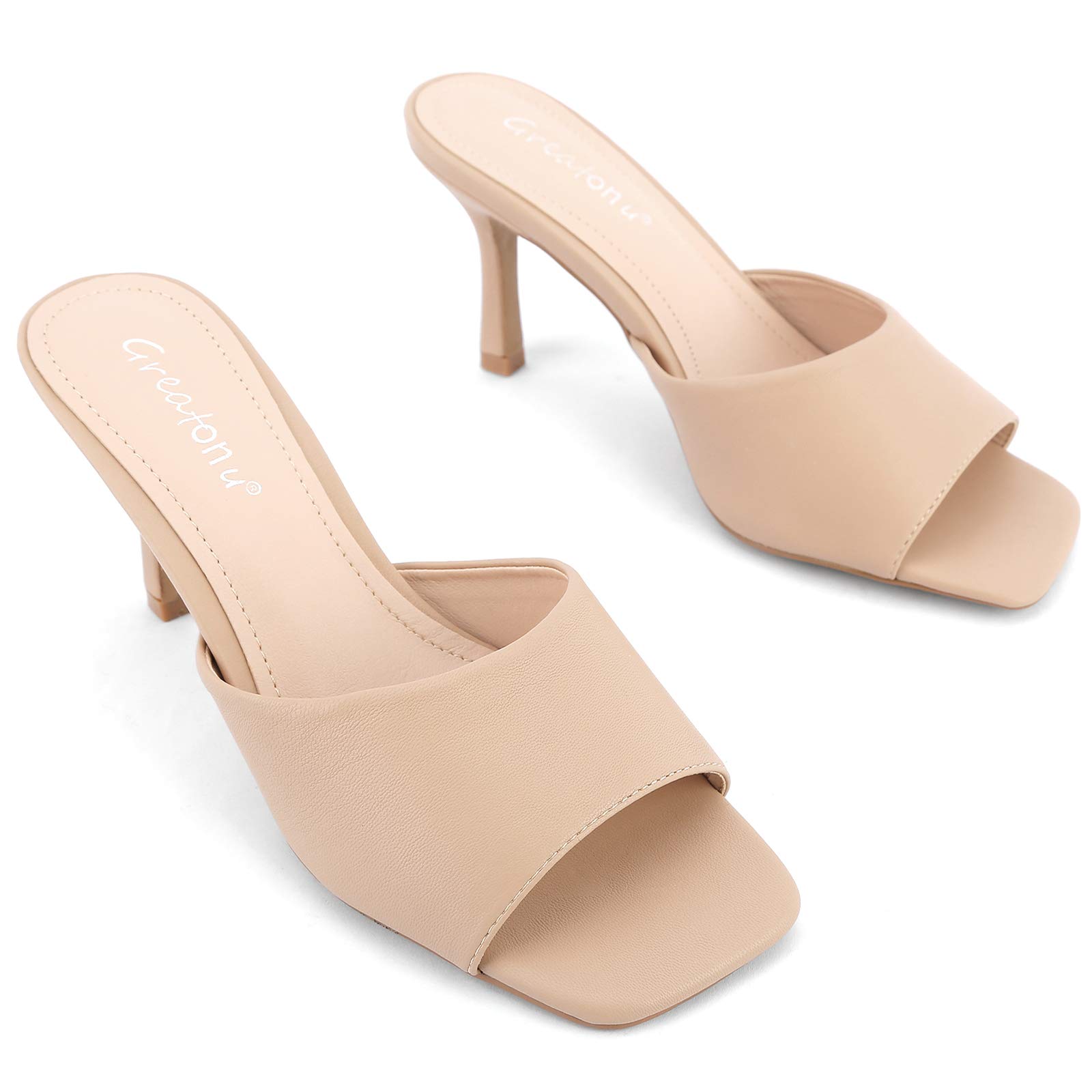 Greatonu Women's Square Toe heels Open Toe Slip-on Sandals Heeled Mules
