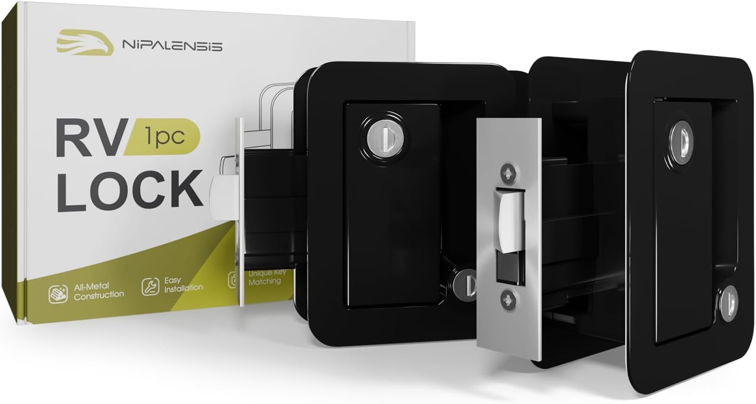 Rv Door Lock Replacement Rv Lock Latch Camper Door Entry Handle 100% Metal Rv Door Lock Deadbolt for Rv Camper Enclosed Travel Trailer Cargo 2.75"x3.75"x1.5" Door Lock Hole-Black-2Pack