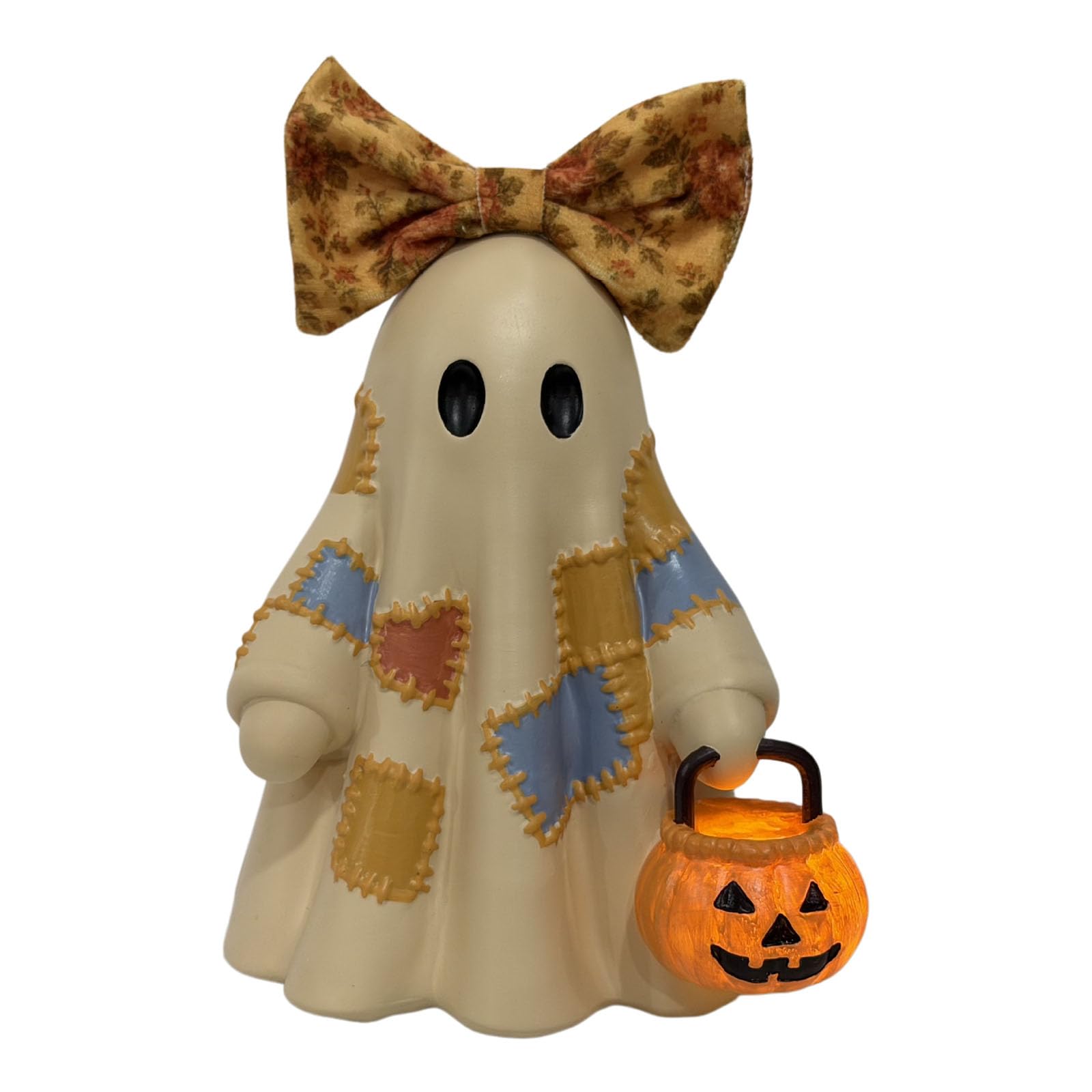 Up Ghosty with Pumpkin Halloween Tabletop Decor Resin Figurine, 24Cm / 9.45Inch Freestanding Shelf Accent with Ribbon Top and Pumpkin Bucket for Nightstand Entry Table Halloween Patchwork Ghosty