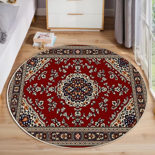 Tapis salon rond géométrique bordeaux rétro de 100 cm lavable