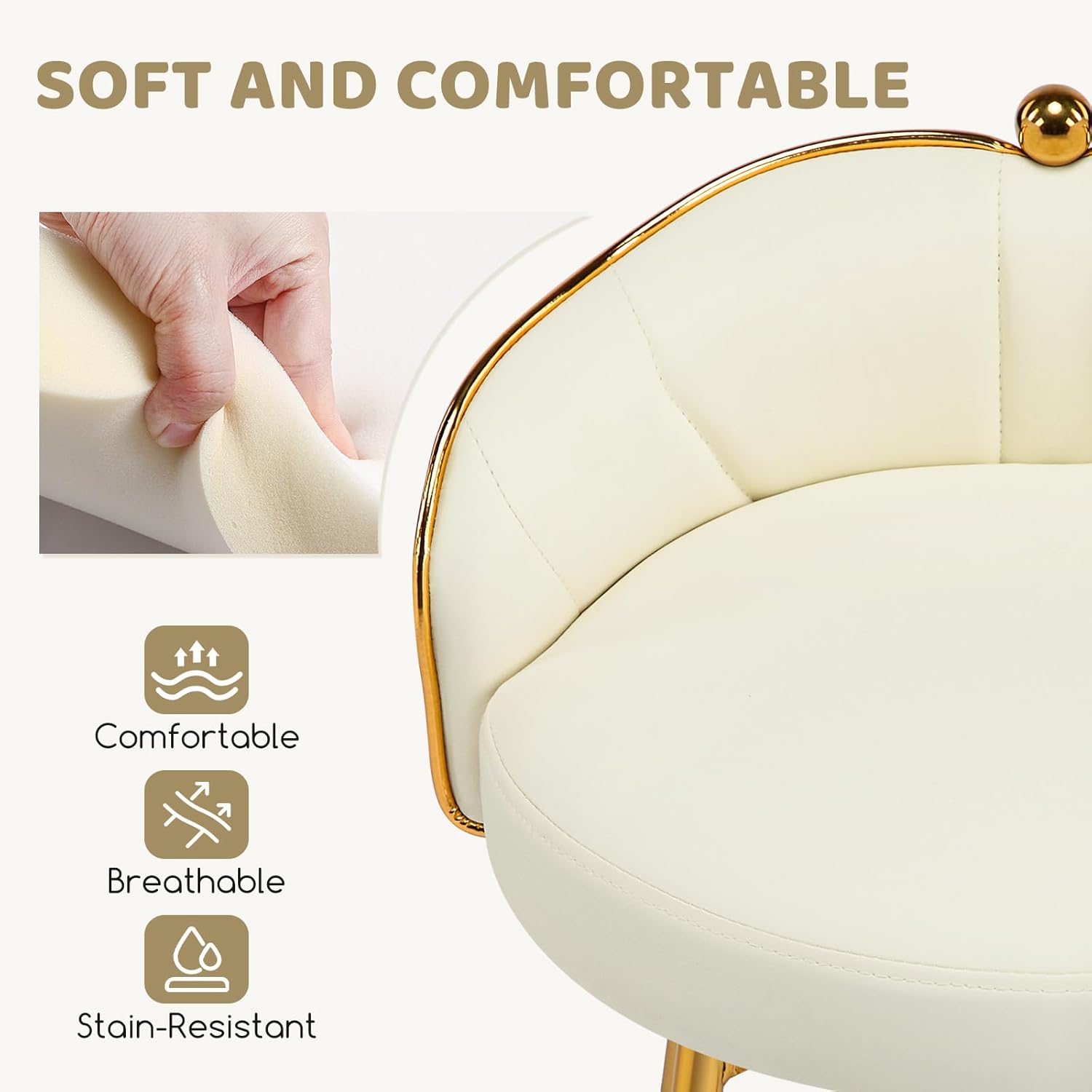 Vanity Chair with Glod Base, Cute Armless Leather Desk Chair No Wheels, Small Modern Makeup Chair with Mid Back for Living Room Dressing Room Bedroom Home Office, Beige