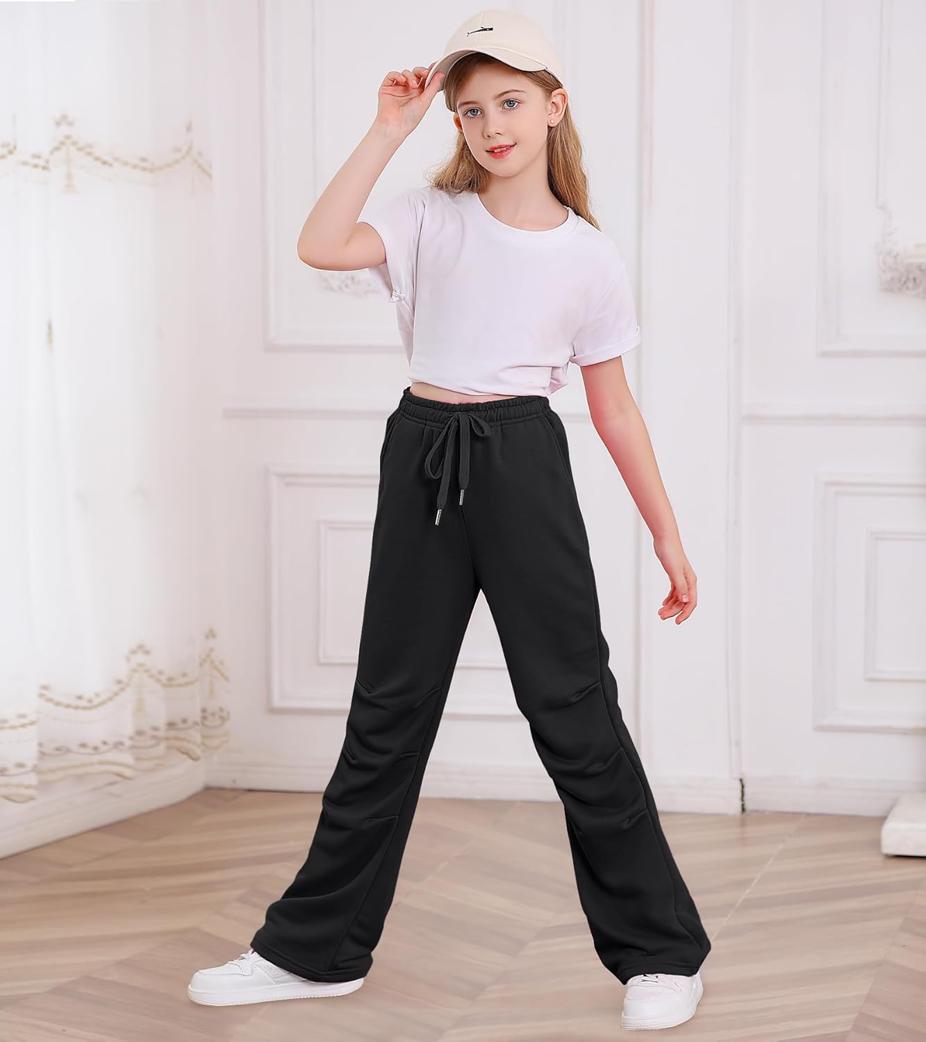 Girls Sweatpants Pants Wide Leg Flare Pants Teen Kids Elastic Casual Trousers with Pocket Size 6-13 - Image 4
