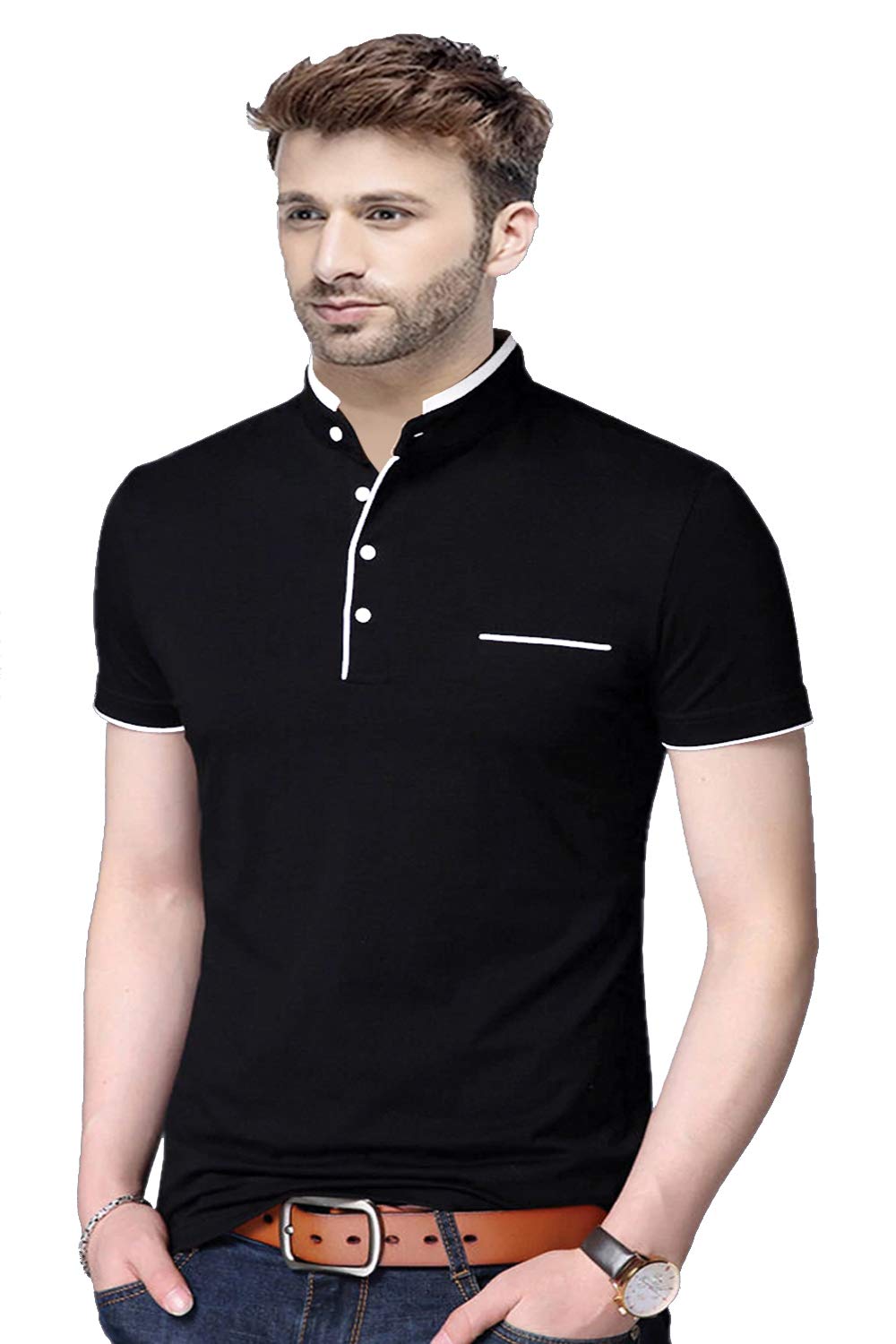 REYAMens Cotton Half Sleeve Regular fit Mandarin Collar T-Shirt