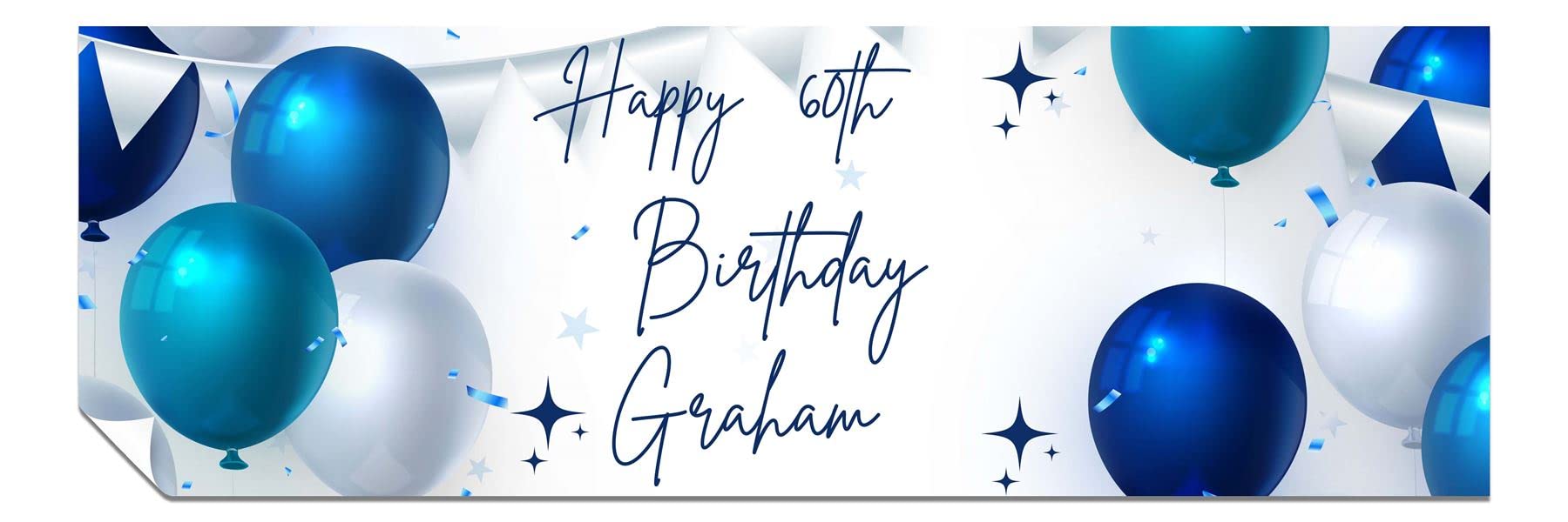 Personalised Birthday Banners - Happy Birthday Banners for Men & Women - HD Printed Banner Decorations for Him or Her - Party Wall Blue & Silver 3ft x 1ft Small Banner