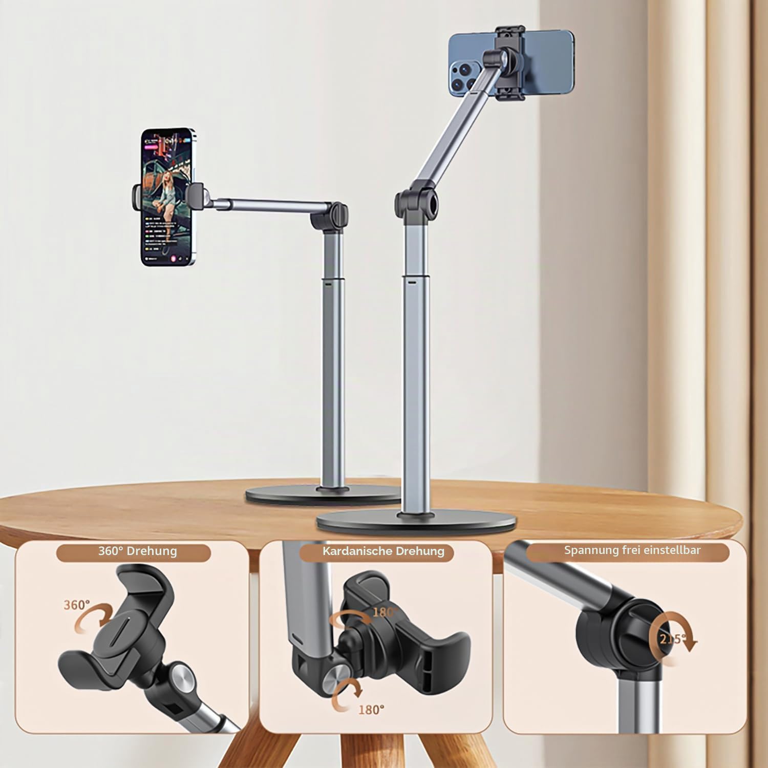 yAyusi Overhead Stativ Handy für iPhone, 30 cm Lang Handyhalterung Zum Filmen, 360° Drehbarer Verstellbar und Handy Stativ Tisch, Geeignet für Live-Übertragungen, Meetings, Kochen, Videoaufnahmen