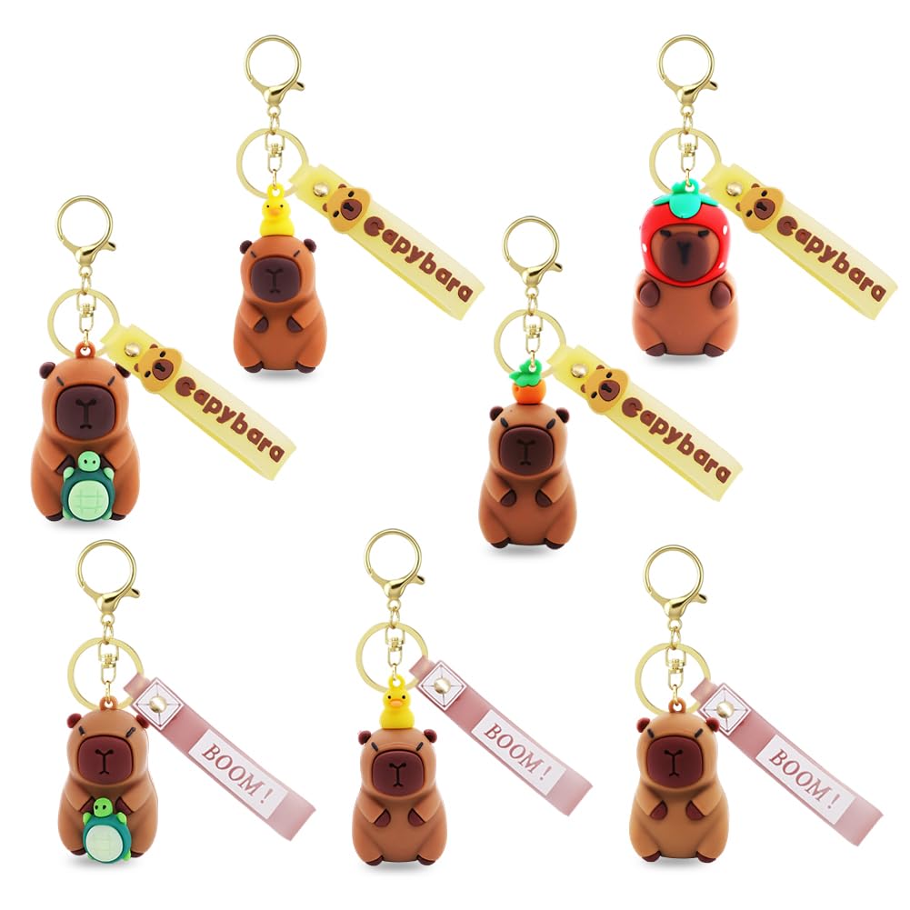 Vexthorion Unisex Brown Capybara Keychains - 7Pcs Cute Capybara Key Ring, Cartoon Animal Figure Keyring Pendant Car Key Holder Backpack Bag Keychain Charm For Women Gifts(Strawberry,Backpack,Duck,Fruit,Turtle Style) (7A)
