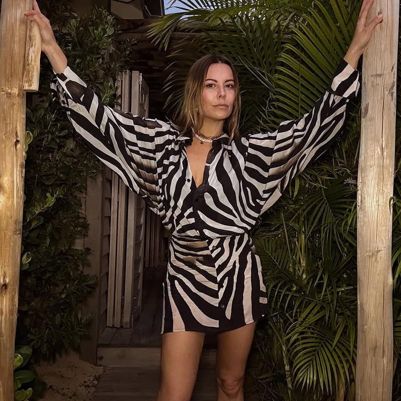 Women's Sexy Striped Printed Dress Lapel Deep V Neck Button Long Sleeve Short Mini Dress Going Out Dresses