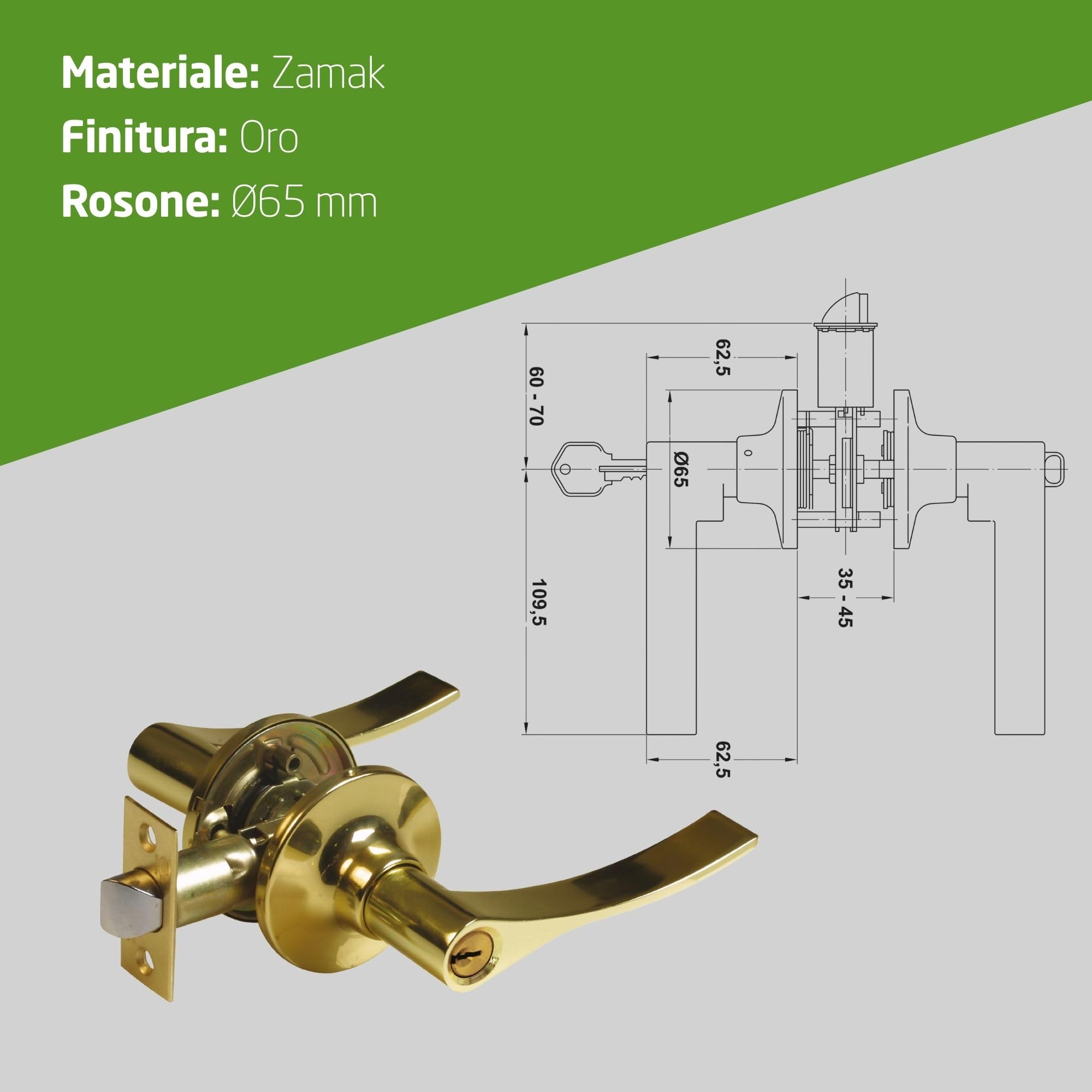 Amig Set Maniglie Con Serratura Per Porte Interne – Design Moderno In Acciaio Cromato Opaco, Scrocco 60/70 Mm
