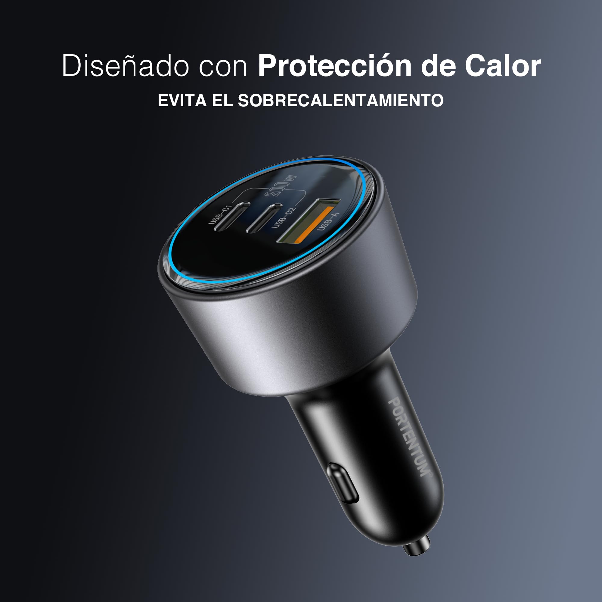 PORTENTUM Triple Cargador Coche Carga Rapida 200W – Incluye Cable de 100W USB-C – 2X USBC PD 100W + USBA QC 18W – Accesorio Mechero – para Macbook Portátil iPhone iPad Tablet Smarphone Galaxy