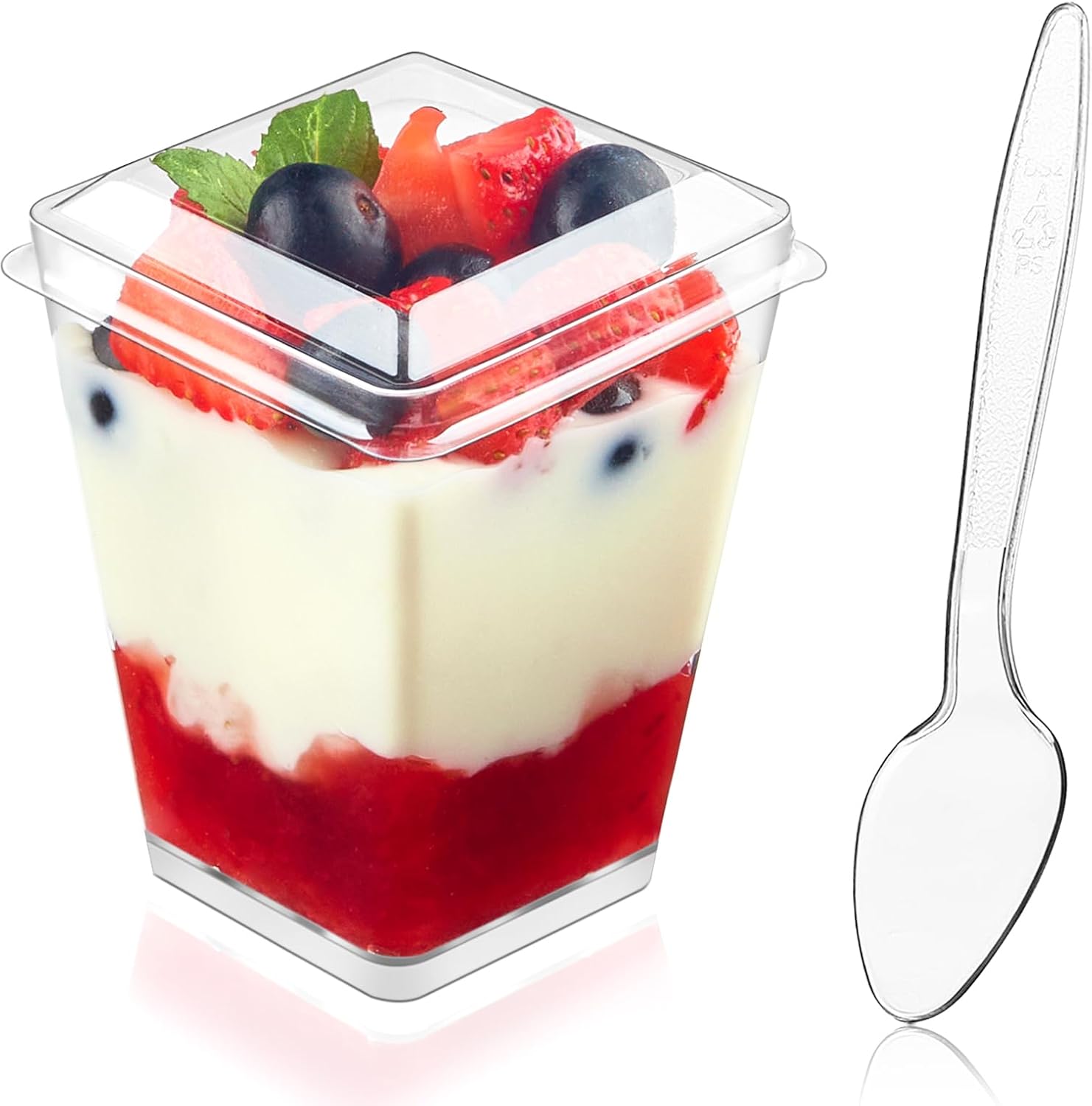 Kucoele Set of 50 Pack 5 oz Plastic Dessert Cups with Lids and Spoons, Clear Parfait Cups Pudding Cups Mini Party Serving Cups for Appetizer Fruit Yogurt Ice Cream