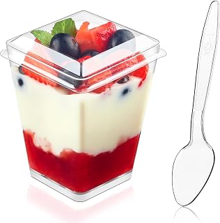 Kucoele 50 Pack 5 oz Plastic Dessert Cups with Lids and Spoons, Clear Parfait Cups Pudding Cups Mini Party Serving Cups for Appetizer Fruit Yogurt Ice Cream
