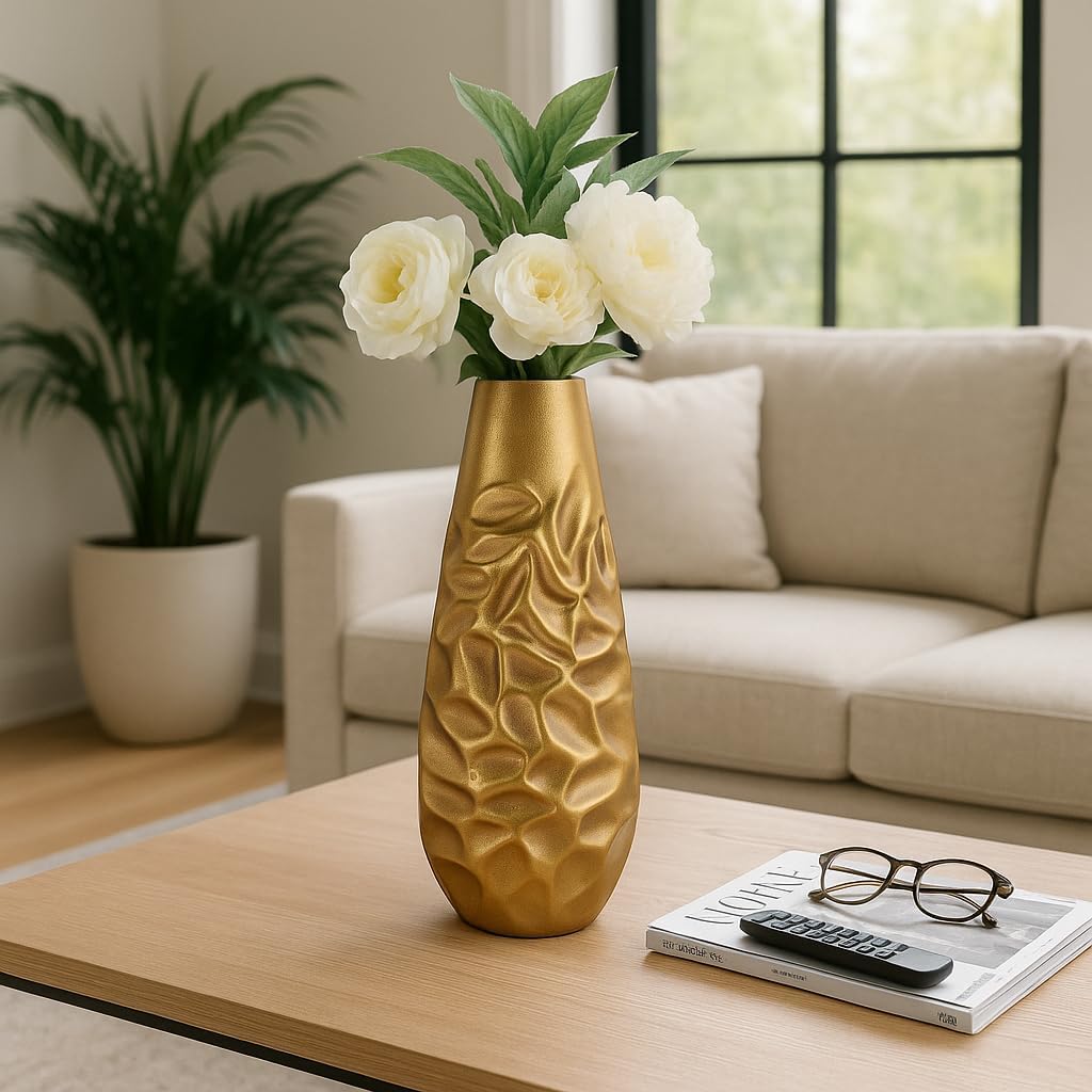 Decorative Textured Metal Vase for Living Room Decor - Contemporary Home Accent Perfect for Bedroom, Office, and Tabletop - Stylish Sculptural Flower Vase for House Display - 19" Bronze & Copper