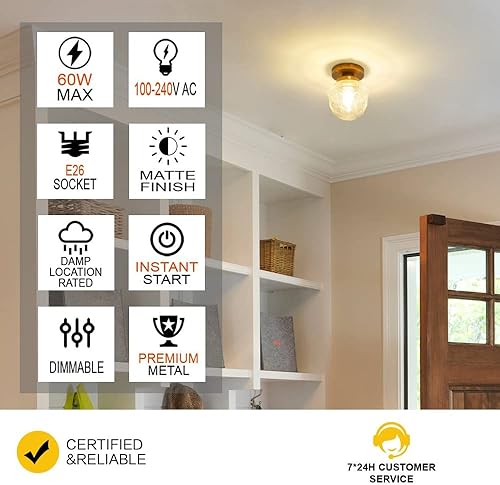 Miniatura 5 de DSMJFU - Lámpara de techo semiempotrada de latón, pequeña lámpara de pasillo, lámpara vintage cerca de techo para baño, entrada, vestíbulo, armario