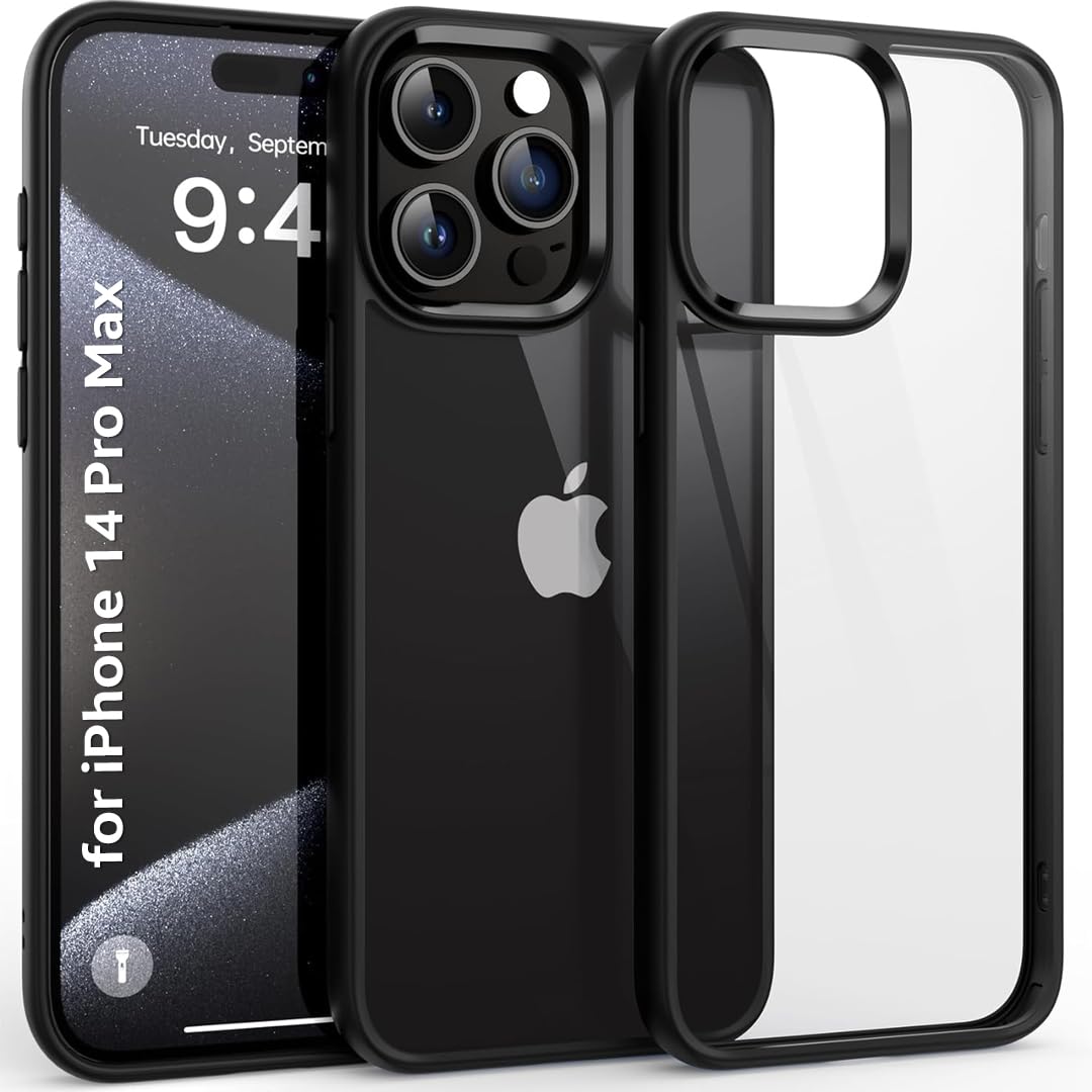 Czartech Native Back Cover for iPhone 14 Pro Max Clear case (TPU + Tough Polycarbonate Back I 6ft Drop Protection Tested I Matte Black-Transparent I No Yellowing)
