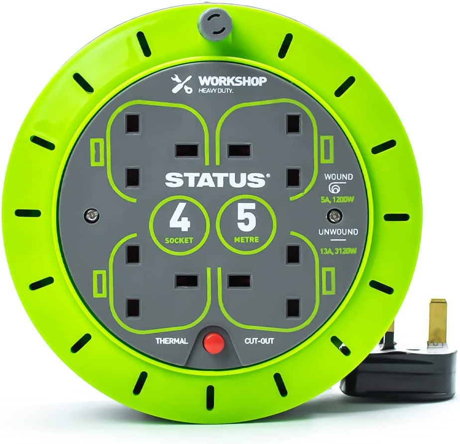 STATUS 4 Socket Cable Reel 5m Green Extension Lead 13A with Thermal