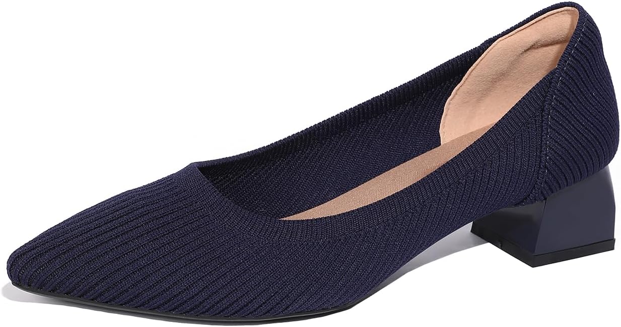 Women's Pointed Closed Toe Low Heel Knit Pumps Chunky Block Heels for Women Comfy Soft Lady Daily Work Office Casual Slip On Breathable Knit Shoes 1.57 Inch
