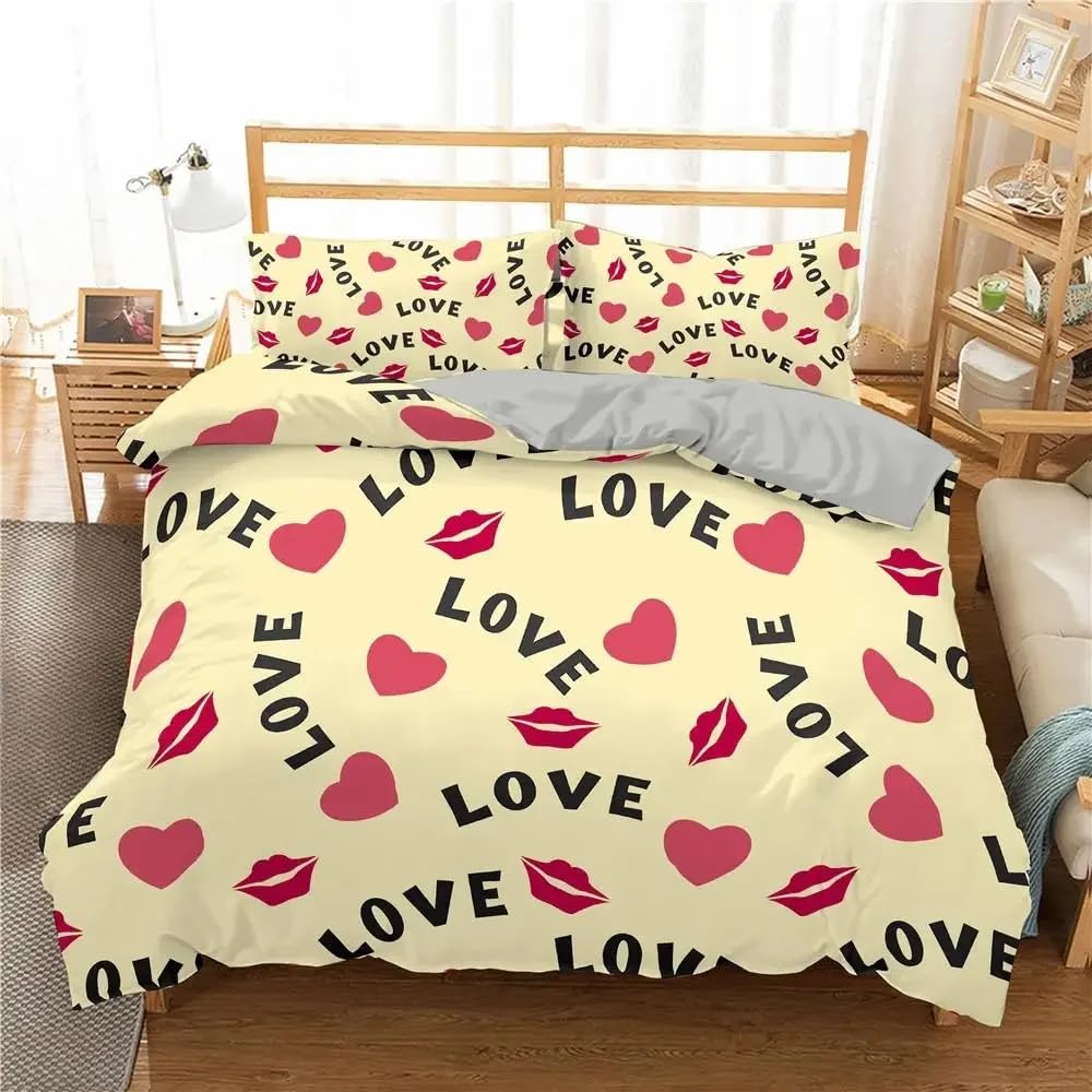 Parure de lit 140x200 romantique rose et jaune motif cœur pour chambre simple toutes saisons