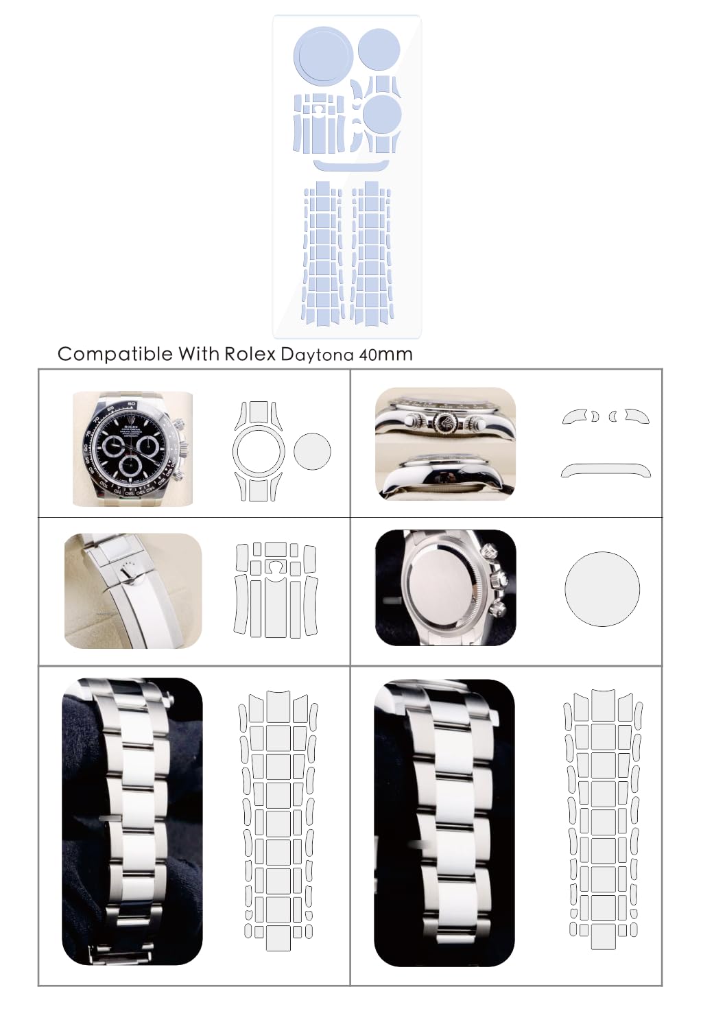 Film de protection pour Rolex Daytona 40 mm Réf. 126500 - Transparent - Film de protection complet pour écran de montre - 2 films autocollants (2 films intégraux) N