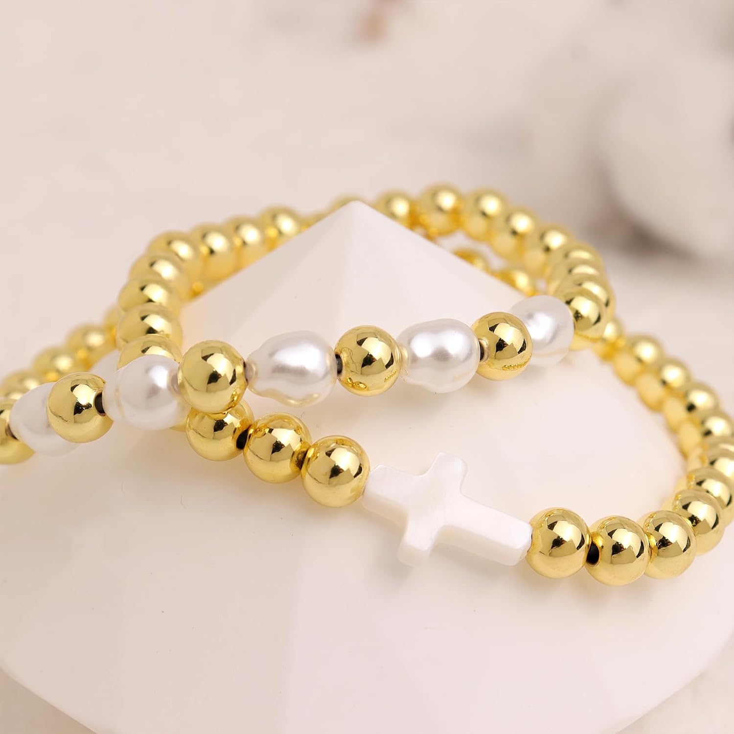 Cross Gold Beaded Stack Bracelets Set for Women, 2Pcs Dainty Handmade Pearl Beads Stackable Stretch Bracelet Everyday Fashion Jewelry Gift. - Image 5