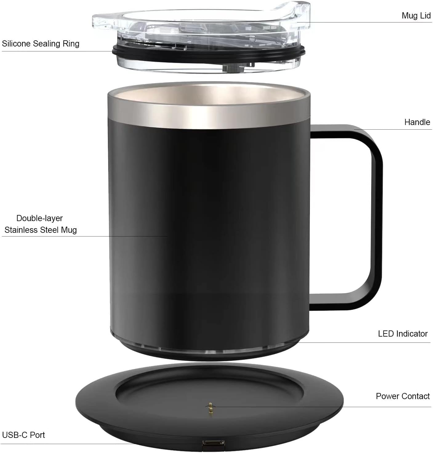 Coffee Warmer with Mug Set, USB Powered Heated Cup with 10H Auto Shut-Off, 131℉ Self Heating Coffee Mug for Desk (Black-12oz)