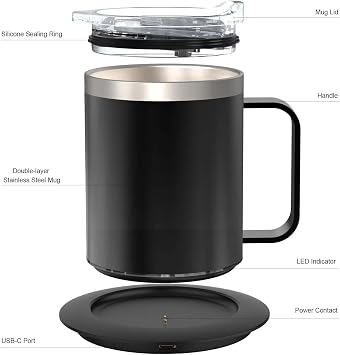 Self-Heating Coffee Mug, 304 Stainless Steel Smart Thermal Cup Coffee Warmer, USB Powered 55 Degrees Celsius Thermal Coaster for Office and Home Works, Premium Gift Set Black, 350ml