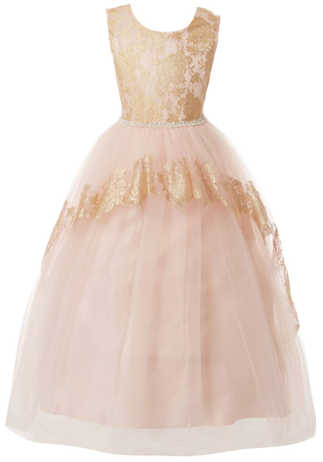 Glamorous Sleeveless Gold Floral Rhinestone Pageant Wedding Flower Girl Dress