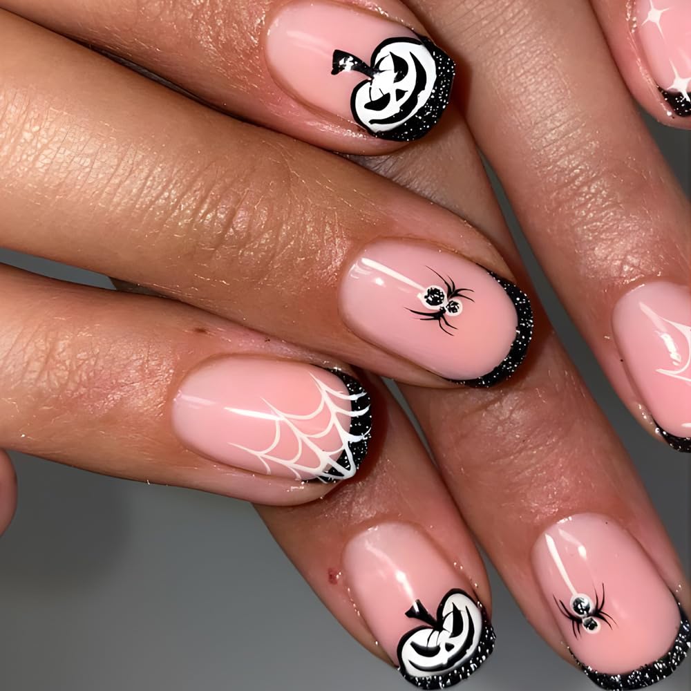 halloween press on nails french tip short square pumpkins fake nail with design spider web nail tips glitter false nails acrylic full cover stick on nails for women girls diy manicure 24pcs