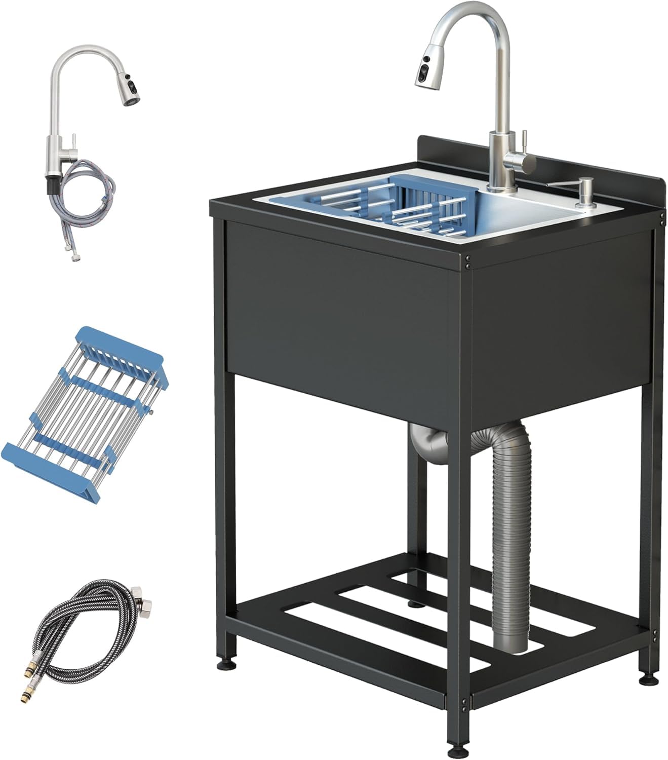 Stainless Steel Utility Sink, 25.7" × 20.7" × 39.5"Freestanding Sink with Cold and Hot Water Faucet,Hoses and Drain Kit for Kitchens, Bathrooms, Garage, Laundry Room