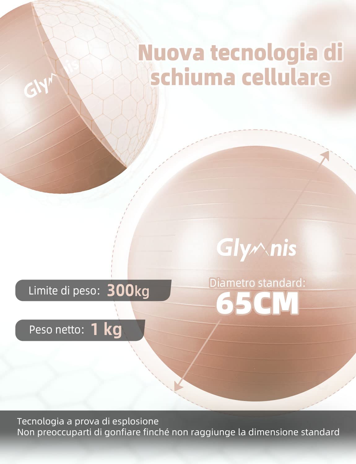 Ballon de Fitness Glymnis 55cm 65cm 75cm Balle d’Exercice Antidérapant 300 kg