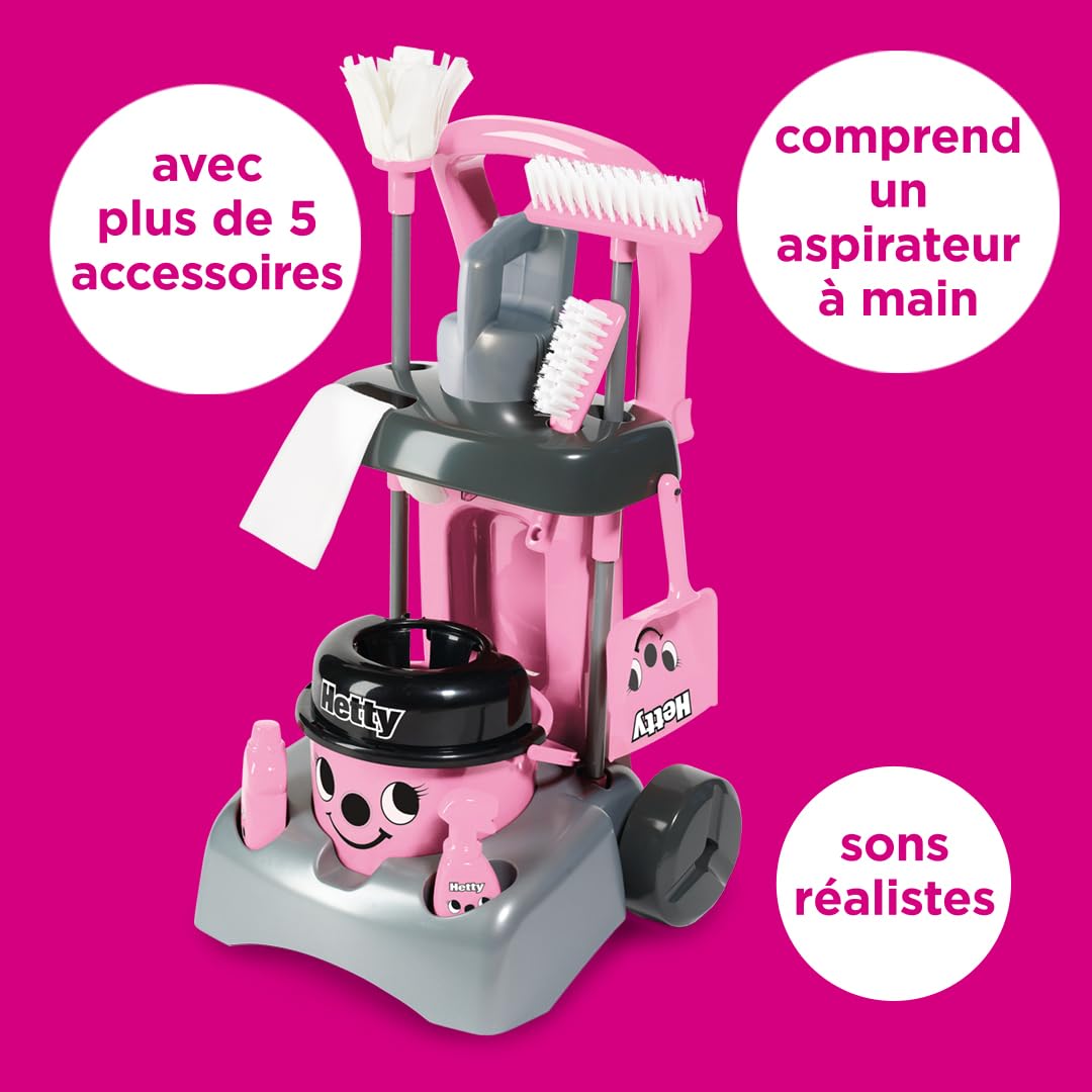 Casdon Henry & Hetty Jouets - Chariot de Nettoyage Hetty Deluxe - Ensemble Rose inspiré d’Hetty avec aspirateur à Main Fonctionnel - Chariot de Nettoyage pour Enfants avec Accessoires - 3 Ans & +
