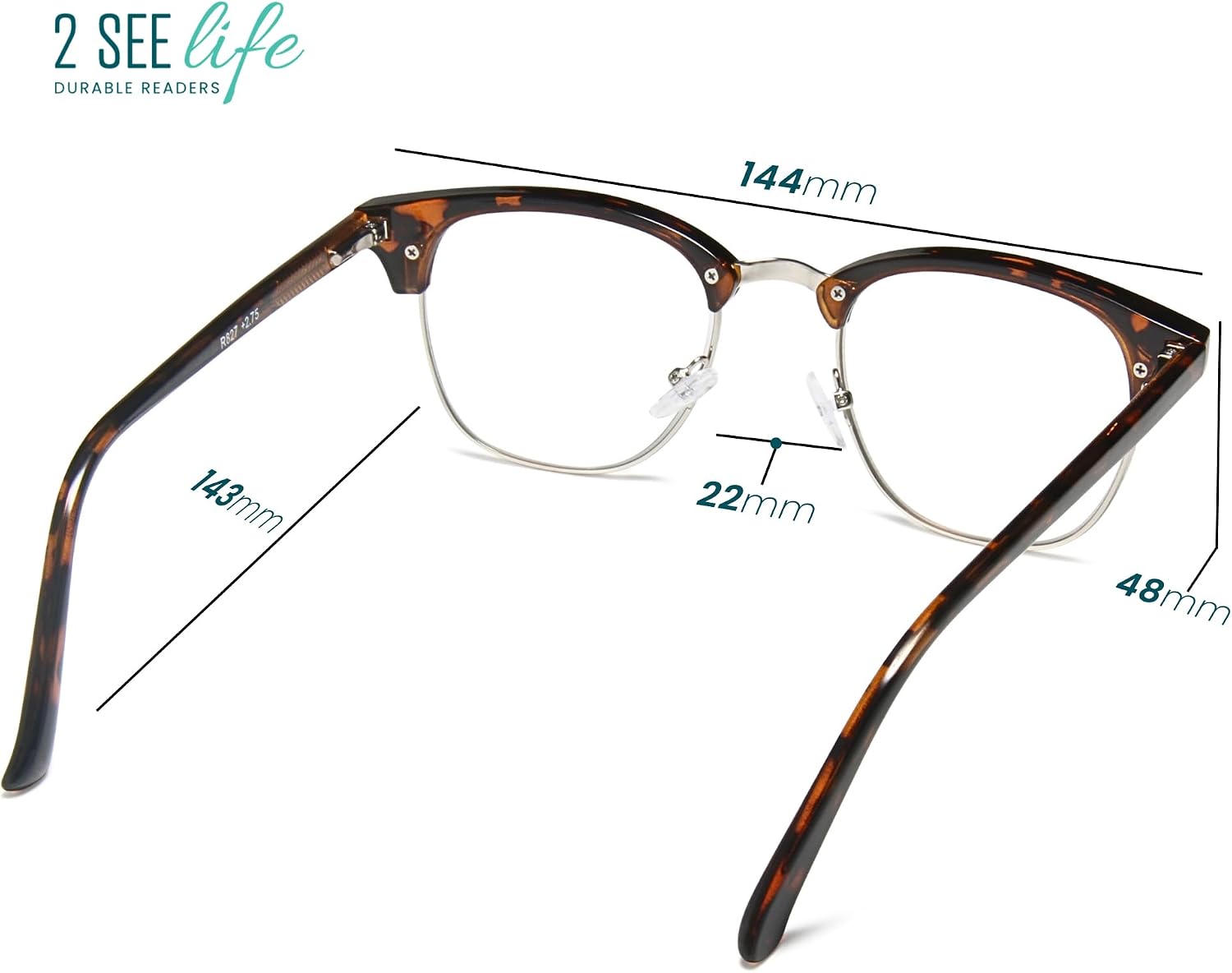 2SeeLife Premium Half Rim Reading Glasses Women & Men - Fits all Face Shapes, Metal & Sturdy Readers, Spring Hinges