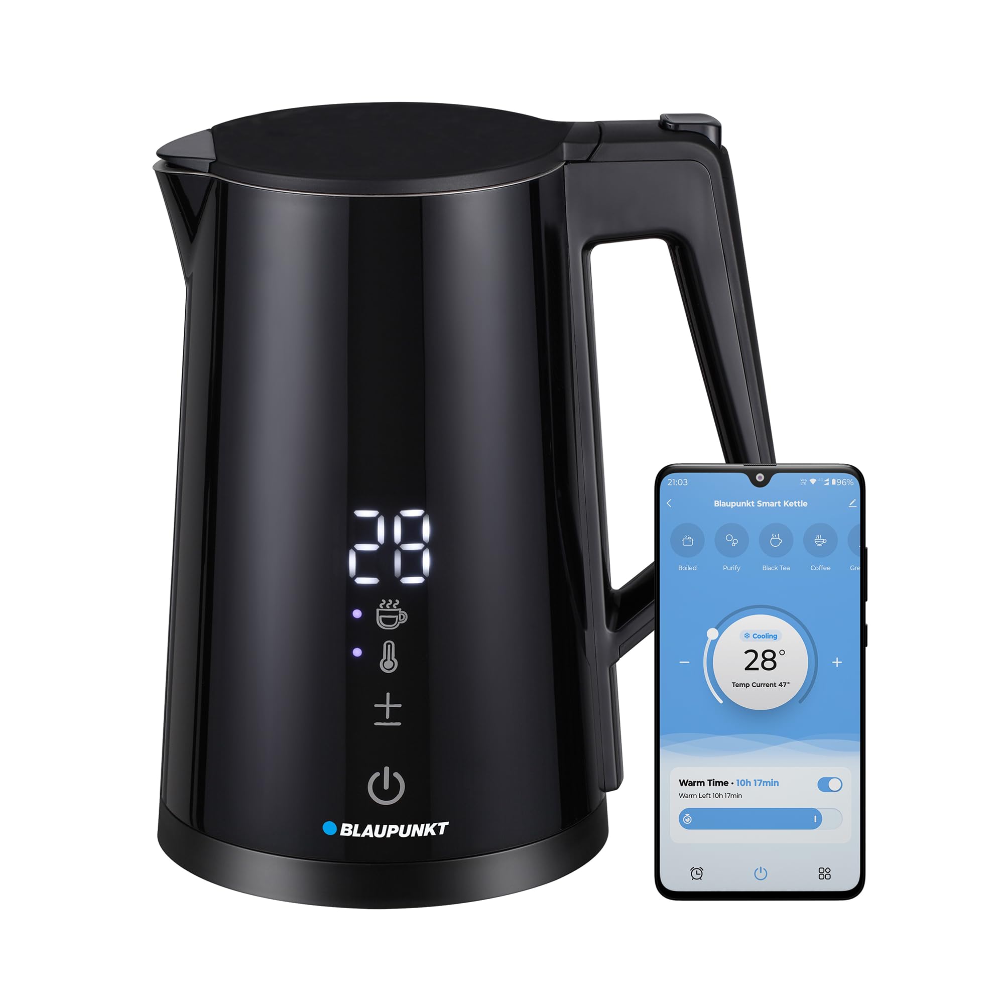 Blaupunkt Smart WiFi Cordless Kettle 2200W – 1.7L, Tuya App Control, Voice Assistant Enabled, Temperature Selection, Timer, Auto Shut-Off, Double Wall Cool-Touch Body, Stainless Steel – BKW825 Smart Kettle - 2200W