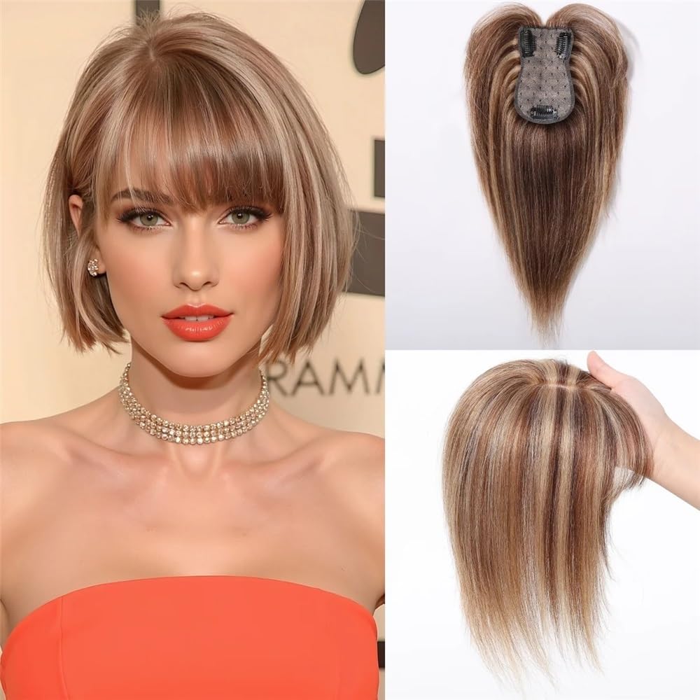 10 Zoll Remy Echthaar-Topper mit Pony, Haarteile, Seidenbasis, 3 Clips in Haar-Toppern for Frauen, Haarverlängerungen for Thinning Hair(Brown mix blonde)