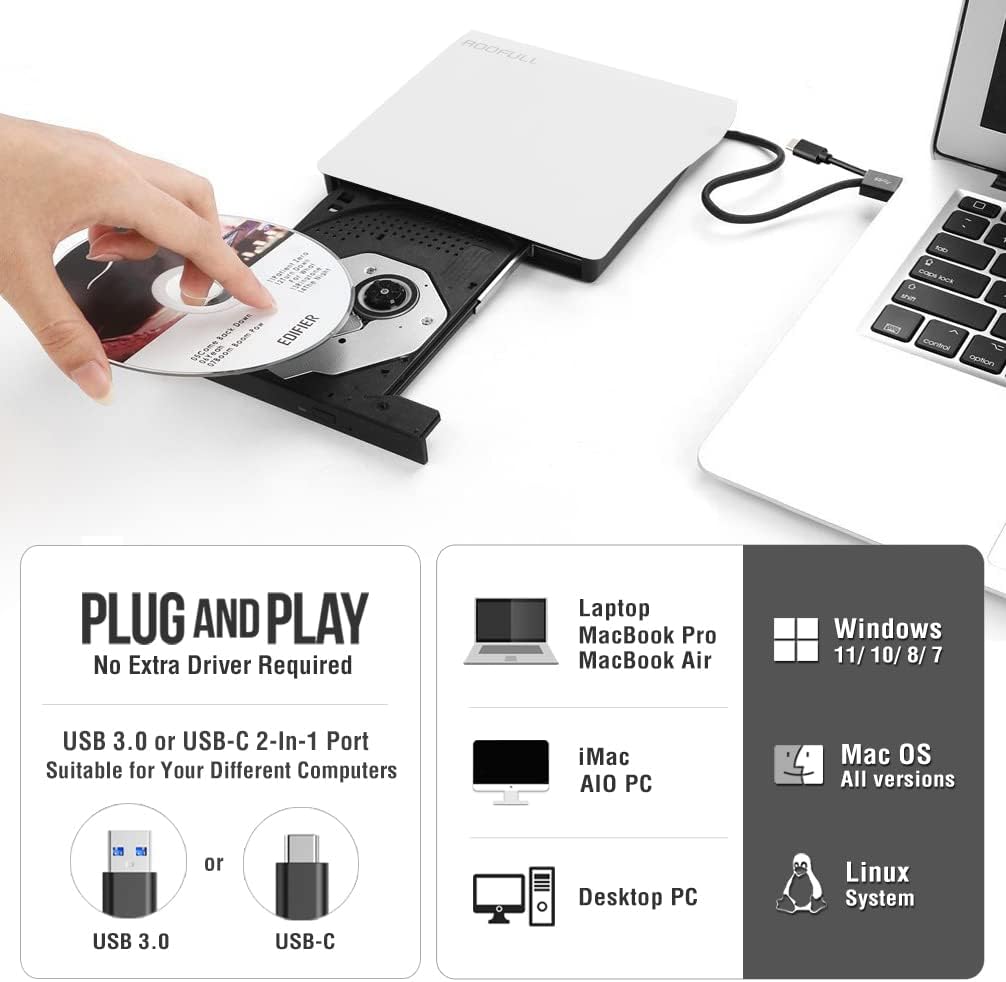 ROOFULL External CD DVD +/-RW Drive, USB 3.0 Type-C Portable CD/DVD Optical Disk Drive Player Burner Rewriter with Protective Carrying Case for Mac MacBook Pro/Air, Windows 11/10 Laptop PC, White
