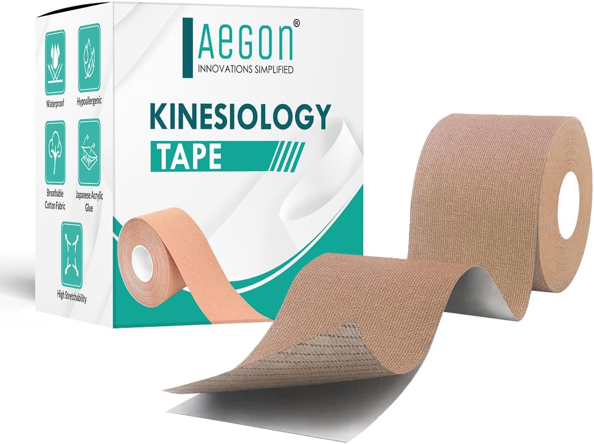 Aegon Waterproof Kinesiology Tape 5 Metres Breathable Athletic Sports Tape For Injury, Muscle Support, Pain Relief Bandage, Hand Leg Joint Support And Physiotherapy (Beige, 5 cm)