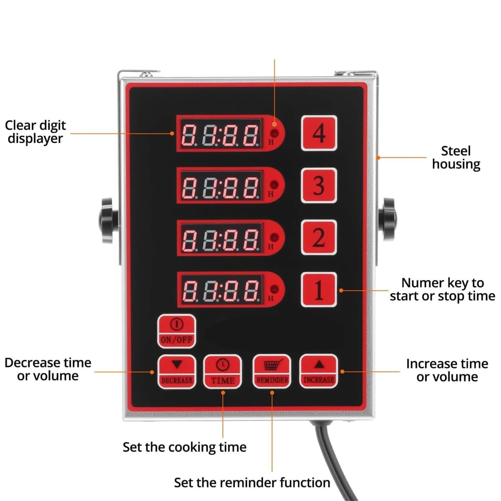 Küchentimer, 4-Kanal-Digital mit Alarmerinnerung, dreistufig und einstellbare Lautstärke für/einstellbare Halterung und wasserdicht, for den Heim- und Restaurantgebrauch(Red)