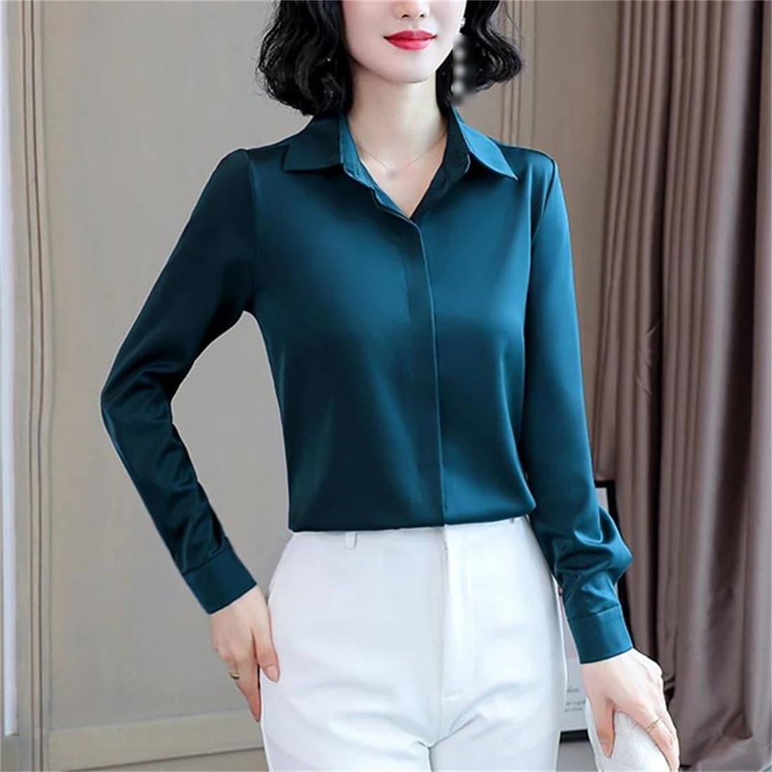 Camisa De Oficina De Seda para Mujer, Camisa De Satén Blanca Retro Informal De Manga Larga A La Moda, Talla Grande