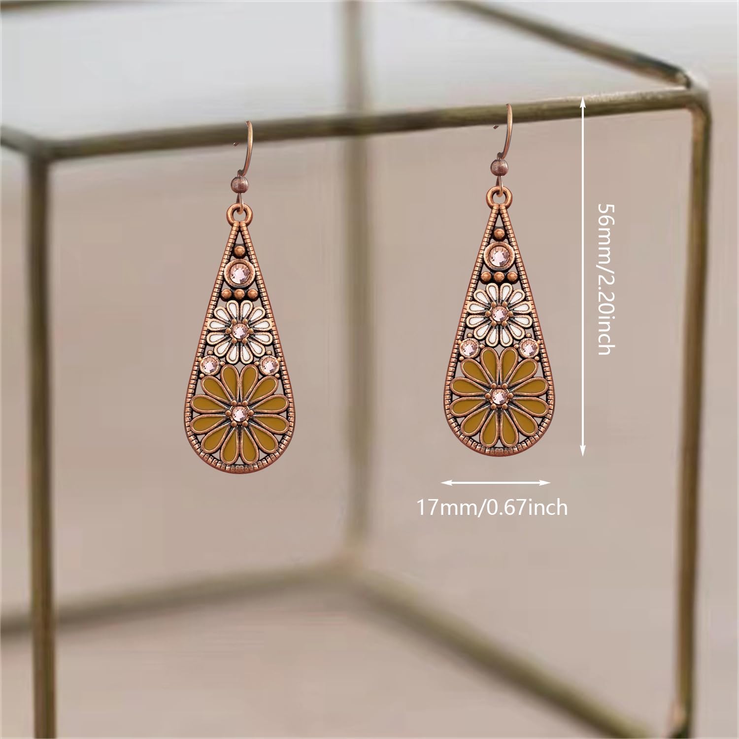 Handmade Bohemian Tribal Retro Copper Crystal Teardrop Dangle Drop Earrings National Style Geometry Colorful Enamel Flower Hook Earrings for Women - Image 5
