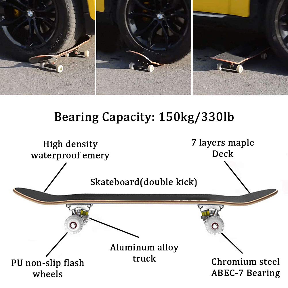 Skateboards para principiantes, 31 x 8 pulgadas Tableros de patinaje estándar completo Doble patada 7 capa cubierta de arce Concave Skateboard para niñas niños niños adolescentes jóvenes adultos,A