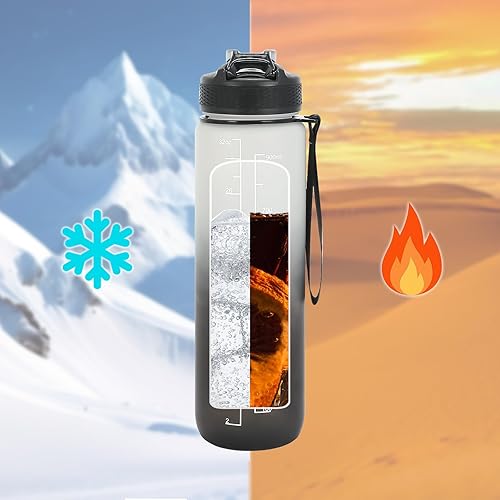 Miniatura 6 de Botella de agua deportiva de 32 onzas con marcador de tiempo y popote, botella de agua motivacional a prueba de fugas para fitness, gimnasio y