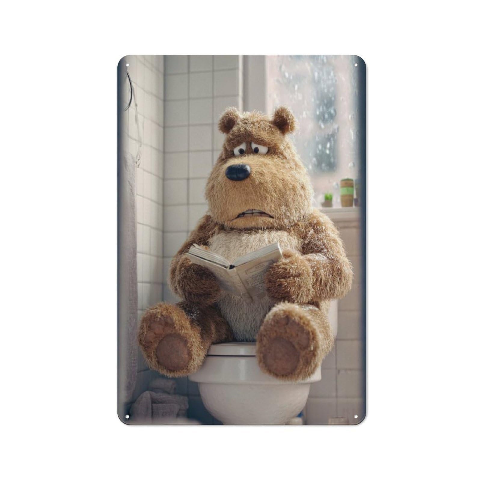Junmoney Style-19 For Lounge Or Reading Corner, Bear Reading On A Toilet Vintage Metal Sign 30X20cm, For Collectors Decorating Lounges And Reading Corners