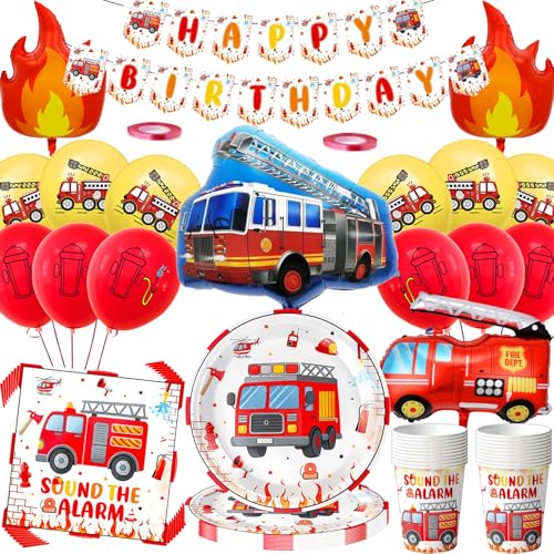 Kit de décoration d'anniversaire motif camion de pompier - 80 pièces - Vaisselle de fête avec grand ballon en aluminium camion de pompiers - Set...